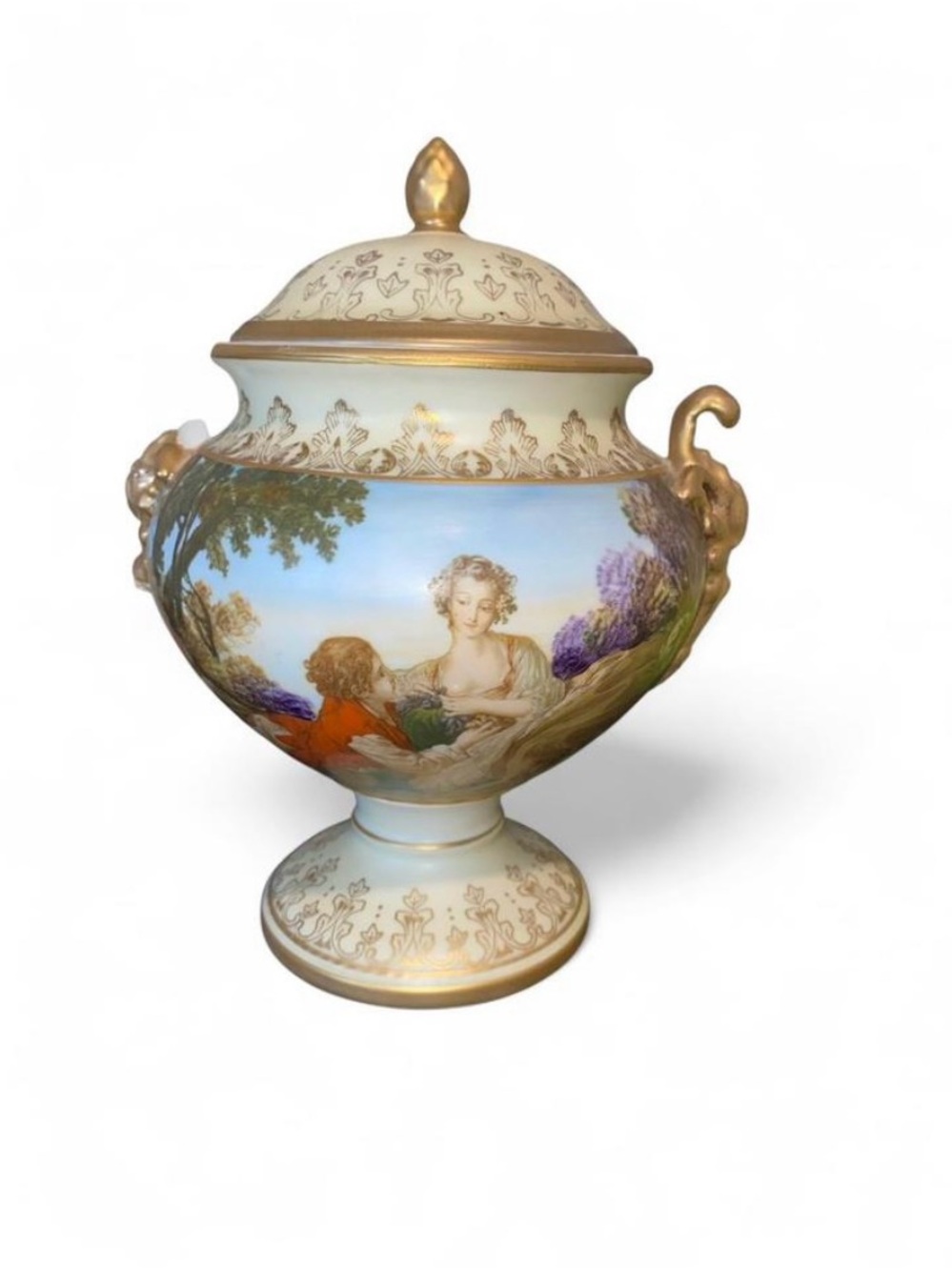 Hand-Painted Ceramic Urn with Gold Accents - Cream and Pastel Blue